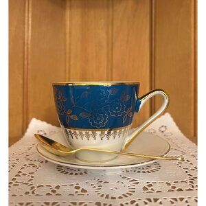Vintage Teal Blue Gold Mismatched Teacup Saucer Gold Spoon  MZ Czechoslovakia